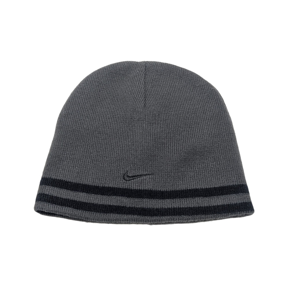 Nike Youth Beanie Hat Dark Gray Black Striped Knit Swoosh Logo Winter Cap Kids - Picture 1 of 4